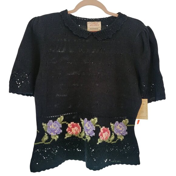 1990 Vintage Deadstock Susan Bristol Hand Embroidered Floral Knit Sweater Sz 38 - Picture 1 of 10